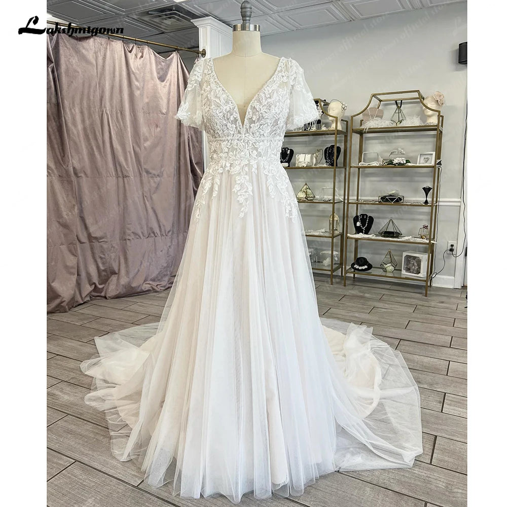 ZapDress Lace V-Neck Boho Wedding Dress with Sleeves Vestidos De Fiesta A Line Tulle Beach Wedding Gowns Customized Hochzeit