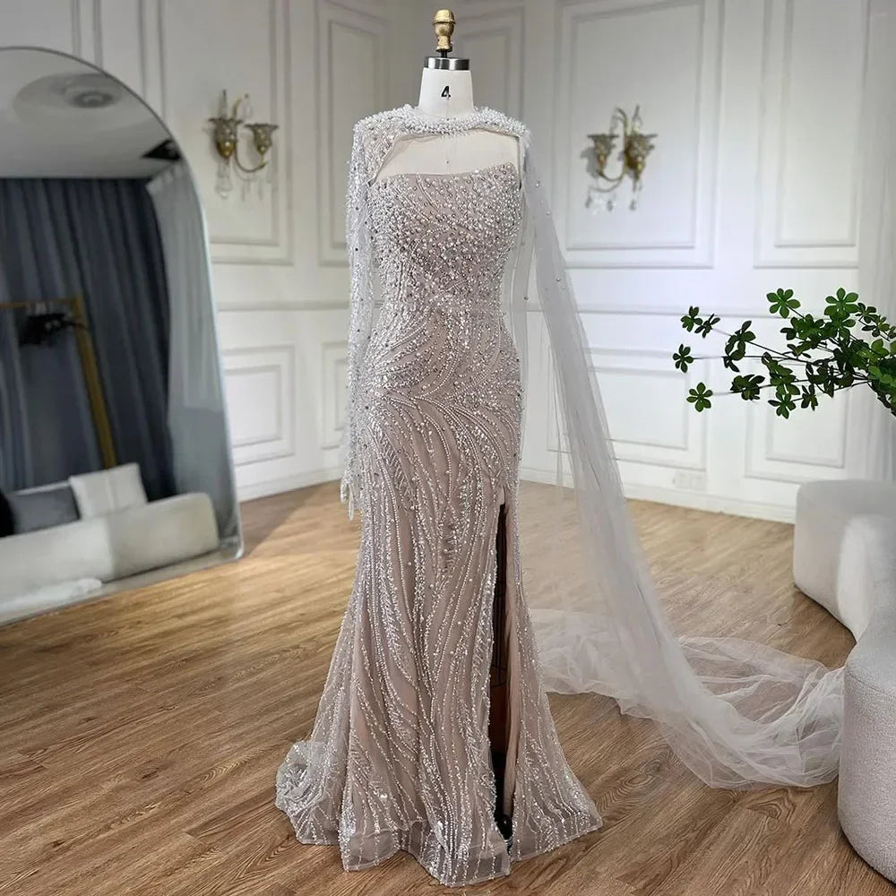 Serene Hill Customized Blue Mermaid High Split Pearls Beaded Evening Dress with Glove Formal Party Gowns For Women 2026 DLA72268