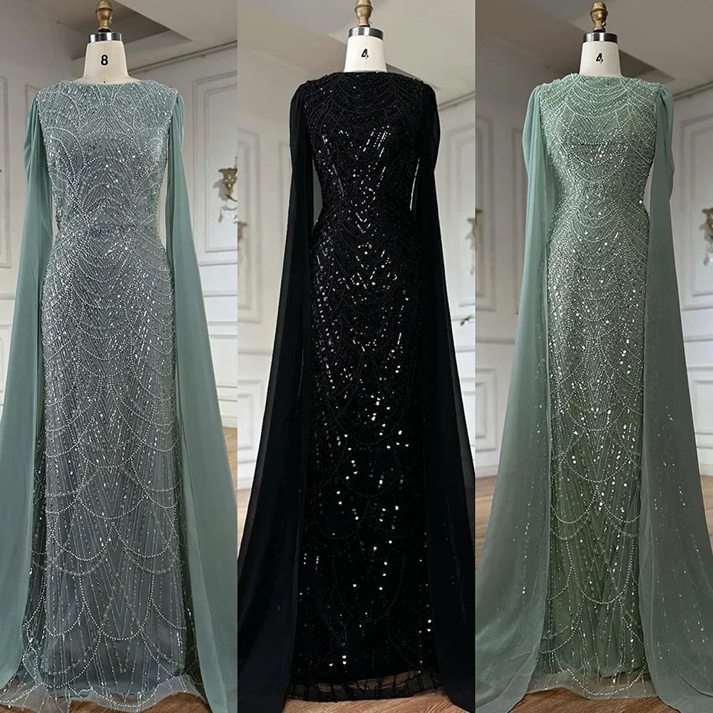 Elegant Dubai Sage Green Mermaid Evening Dress with Cape Sleeves Beaded Formal Gown Zapdress 2025 Customized DLA72160A (ZD17330)