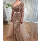 Zapdress Customized Blue Long Sleeves Mermaid Pearls Beaded Evening Dresses Elegant Party Gowns For Women Wedding (ZD17374)