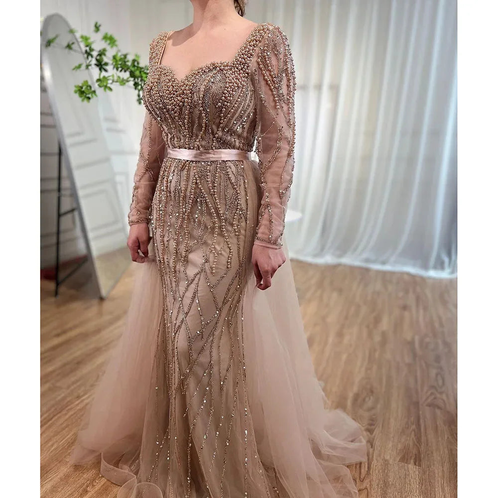 Zapdress Customized Blue Long Sleeves Mermaid Pearls Beaded Evening Dresses Elegant Party Gowns For Women Wedding (ZD17374)