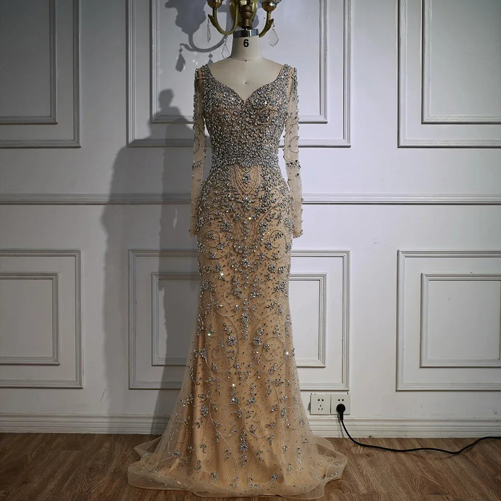 Serene Hill Turquoise V-neck Long Sleeve Mermaid Beaded Evening Dresses 2025 Luxury Party Gowns for Women DLA73042 Customized