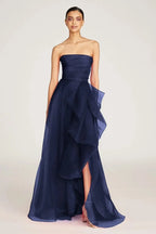 Navy Blue Organza فساتين السهرة Sexy Side Split Sleeveless Vestidos De Noche Strapless A-line Prom Dress Customized