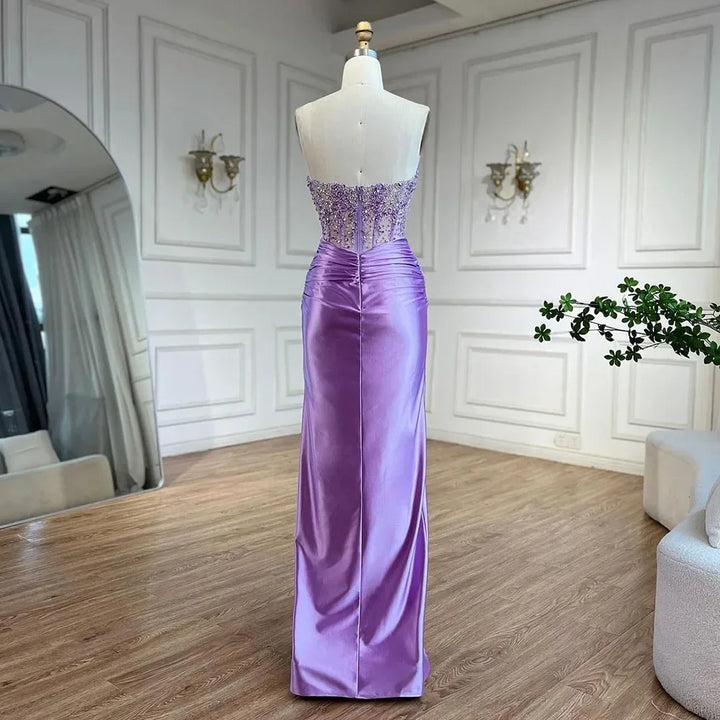 Serene Hill Customized Lilac Satin Split Strapless Mermaid Evening Dresses Beaded Party Gowns for Women Bridesmaid DLA72329