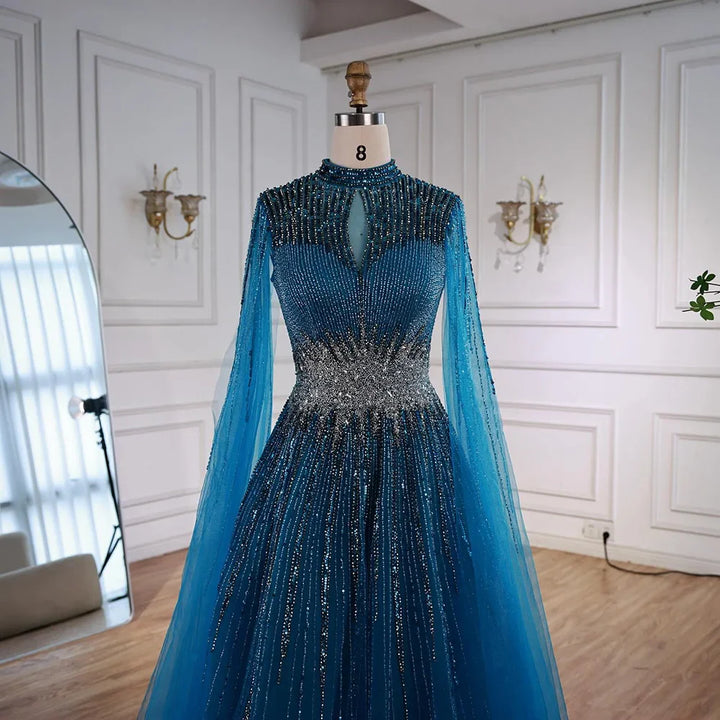 Elegant Modest Blue Beaded Evening Dress with Cape Sleeves Dubai Gown Zapdress 2025 Customized DLA73059
