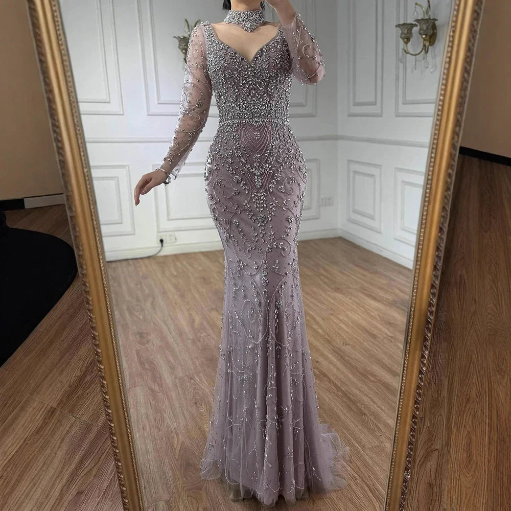 Serene Hill Customized Turquoise Evening Dresses with Neck Lace 2026 Long Sleeves Mermaid Beaded Elegant Party Gowns DLA73042B
