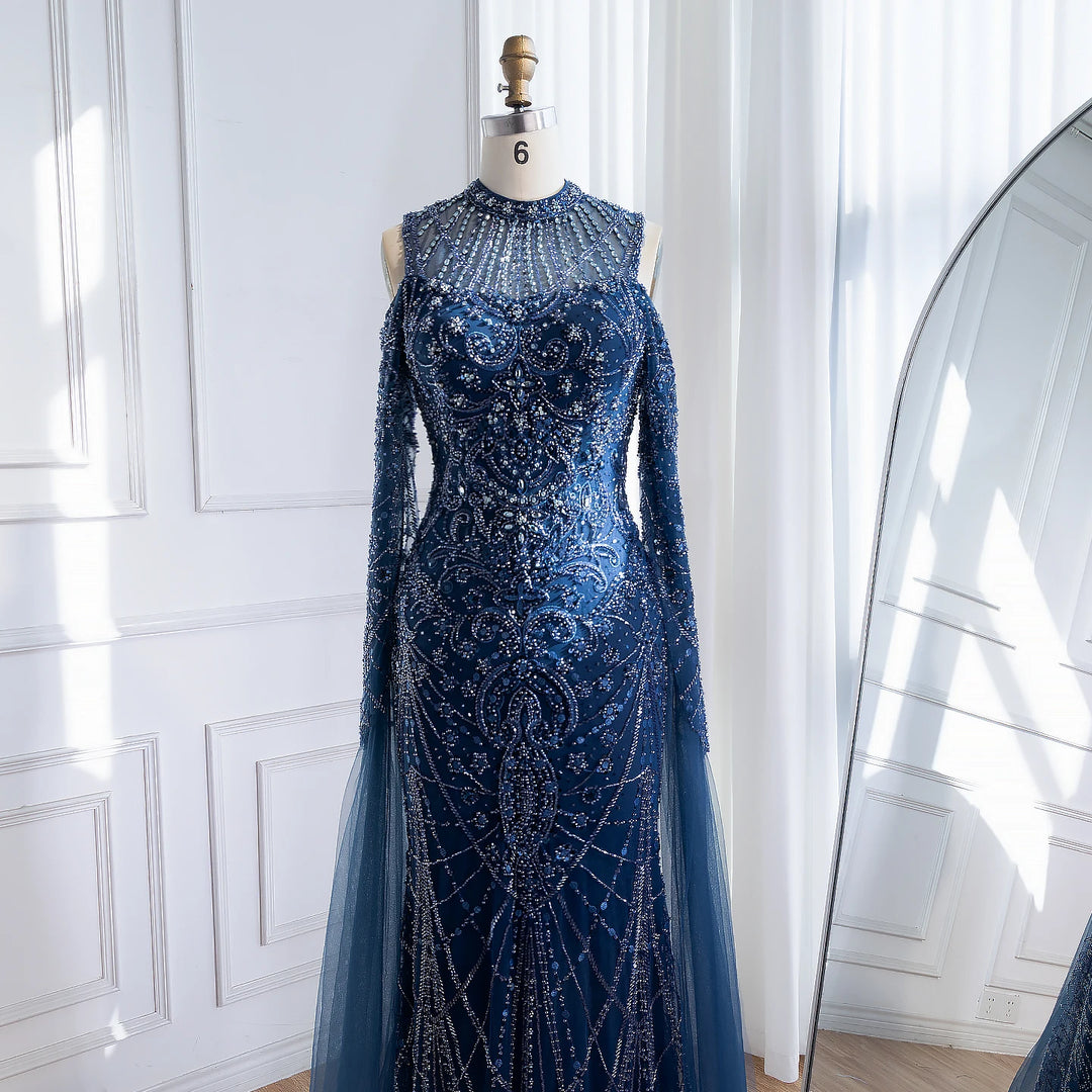 Serene Hill Navy Blue O-neck Cold Shoulder Mermaid Beaded Evening Dress Party Gowns with Cape Sleeves Customized DLA73323