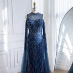 Zapdress Navy Blue O-neck Cold Shoulder Mermaid Beaded Evening Dress Party Gowns with Cape Sleeves Customized (ZD17373)