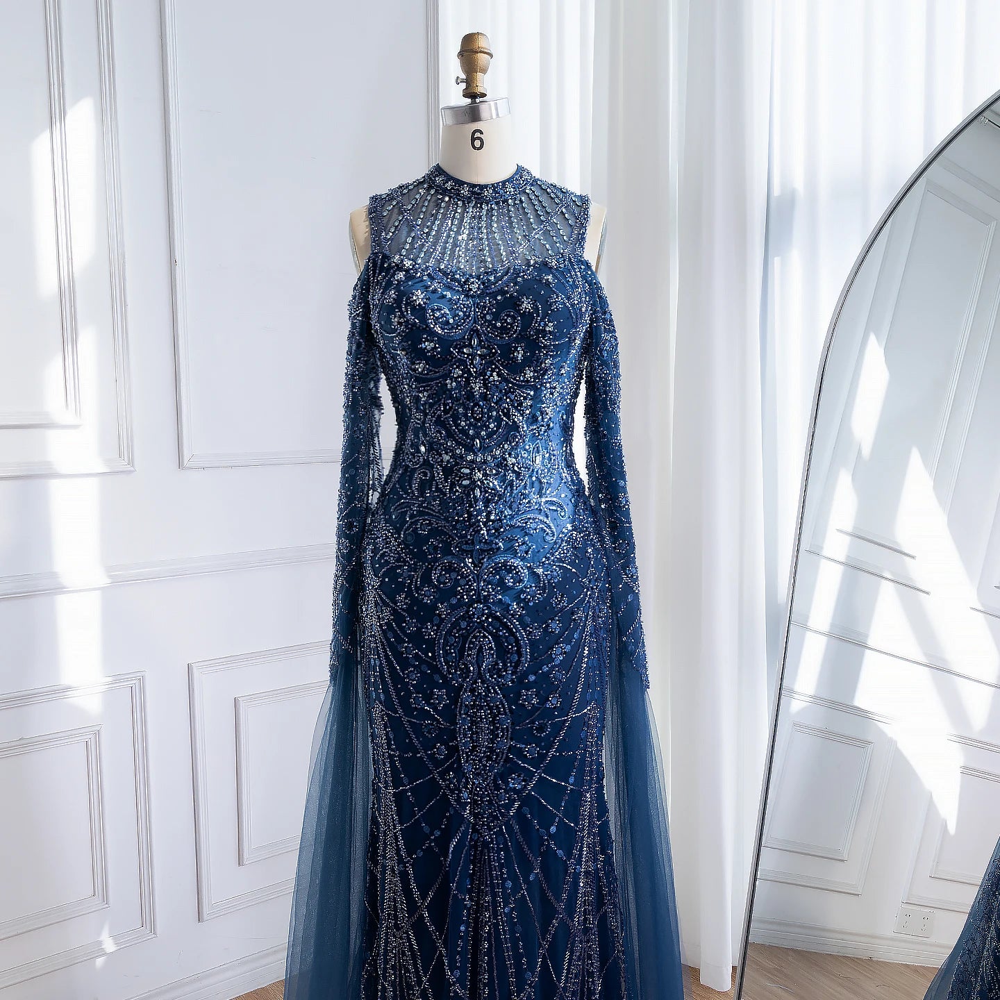 Zapdress Navy Blue O-neck Cold Shoulder Mermaid Beaded Evening Dress Party Gowns with Cape Sleeves Customized (ZD17373)