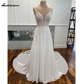 Luxury Civil Chiffon Wedding Gowns Customized Open Back Bridal Boho Long Wedding Dresses Lace Appliques V Neck Vestido Boda