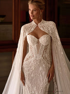 Luxury Sparkling Beaded Lace Wedding Dress With Cape Elegant Mermaid Long Bridal Gown Customized Illusion Dresses For Bride
