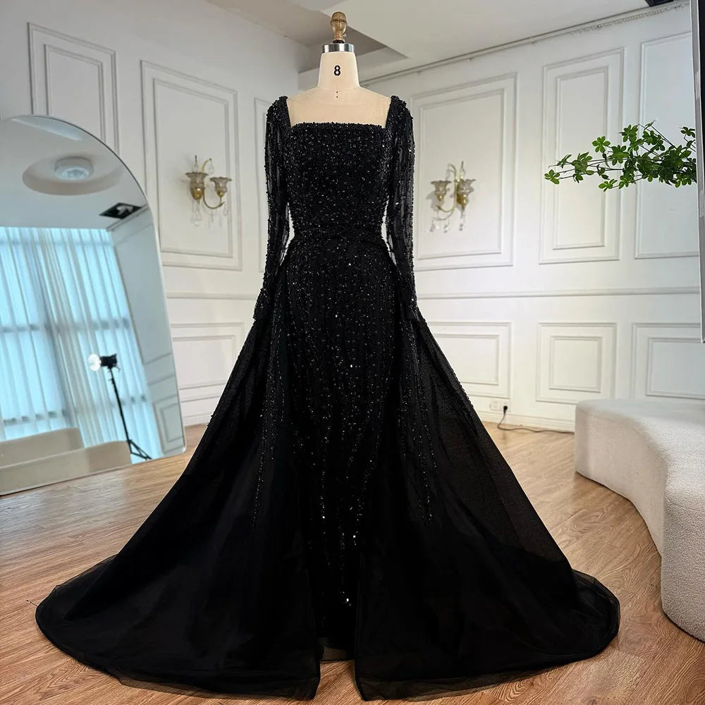Serene Hill Customized Wine red Long Sleeves Mermaid Beaded Evening Dresses with Overskirt Party Gowns for Women DLA72710