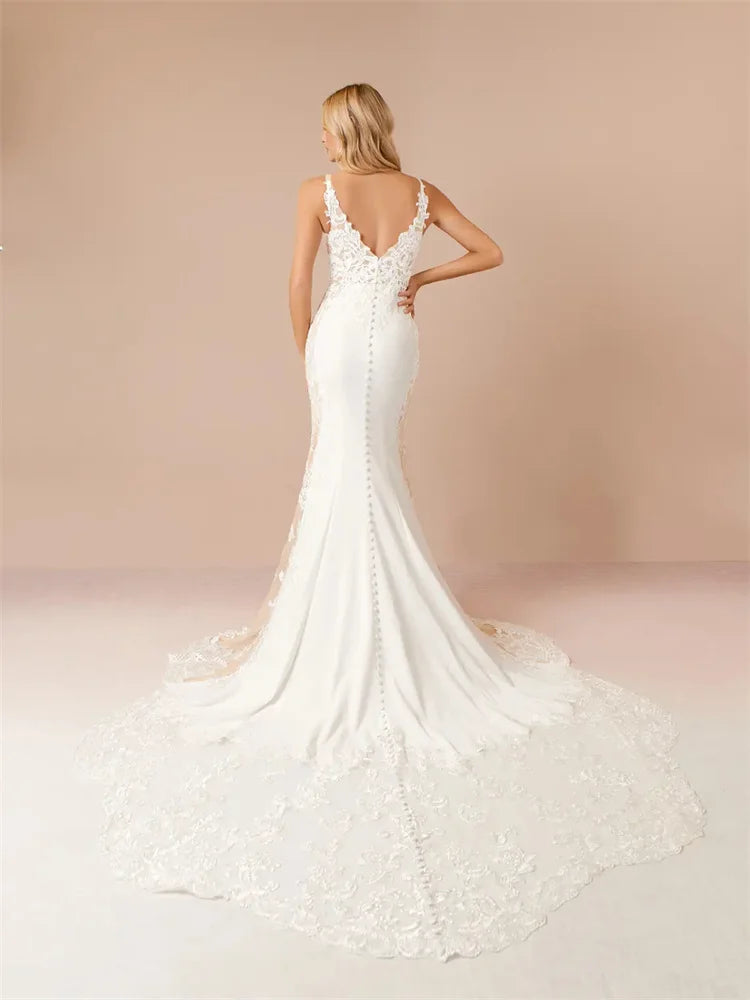 Customized Thin Straps Sweetheart Neckline Satin Mermaid Wedding Dress Sexy Zipper Back Floor Length Sweep Train Gown For Women
