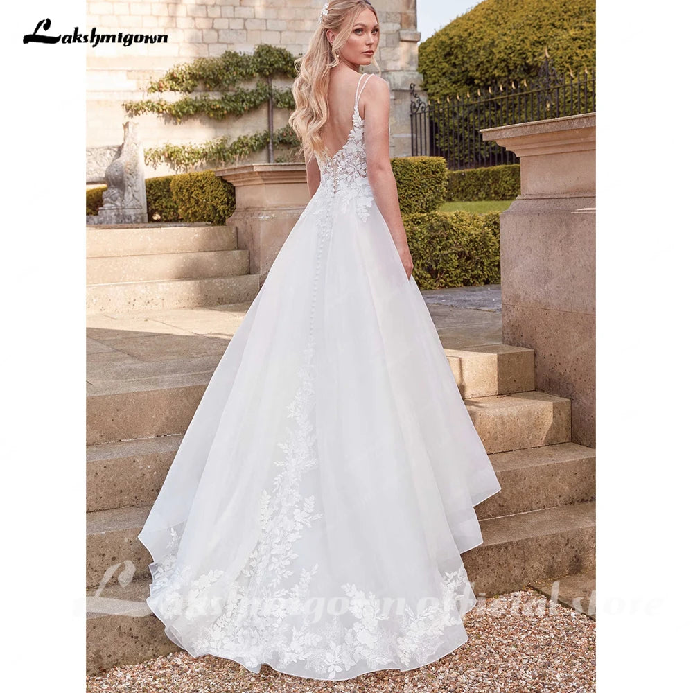 ZapDress Vintage Wedding Dresses for Bride Spathetti Straps V-neck Illusion Lace Appliques Robe De Mariee Customized