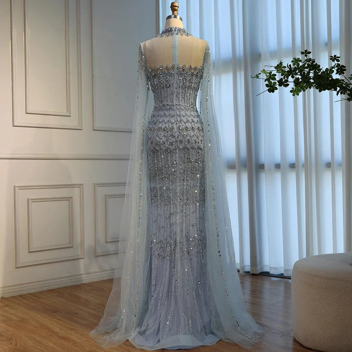 Serene Hill Dubai Blue Beaded Evening Dress with Cape Sleeves 2025 Formal Party Gowns for Women DLA72714A Customized