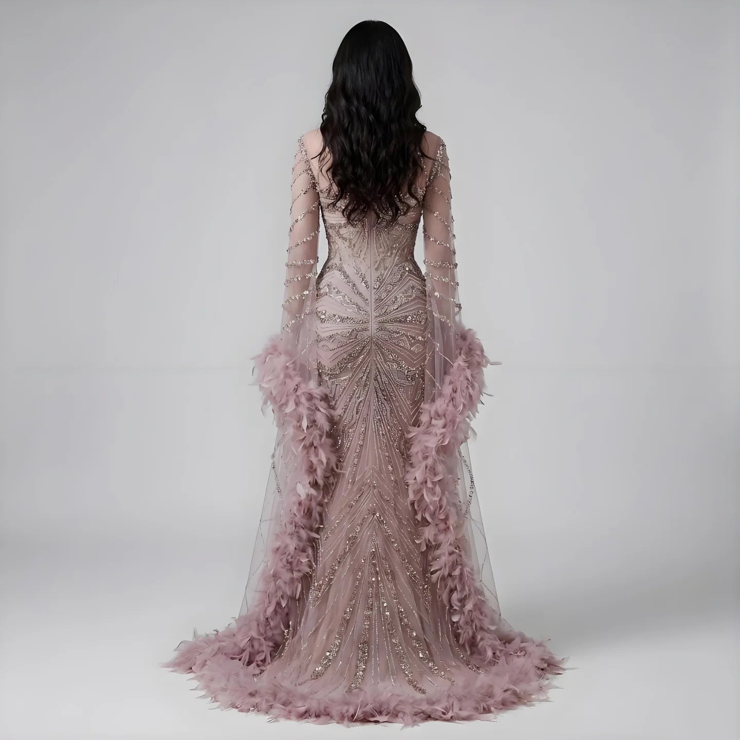 Serene Hill Pink Luxury Beaded Mermaid Evening Dress Gowns with Feathers for Formal Occasion Customized DLA72708A