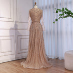 Zapdress Nude Crew Neck A-line Long Sleeves Evening Dress Beaded Wedding Party Gowns for Women 2026 Customized (ZD17382)