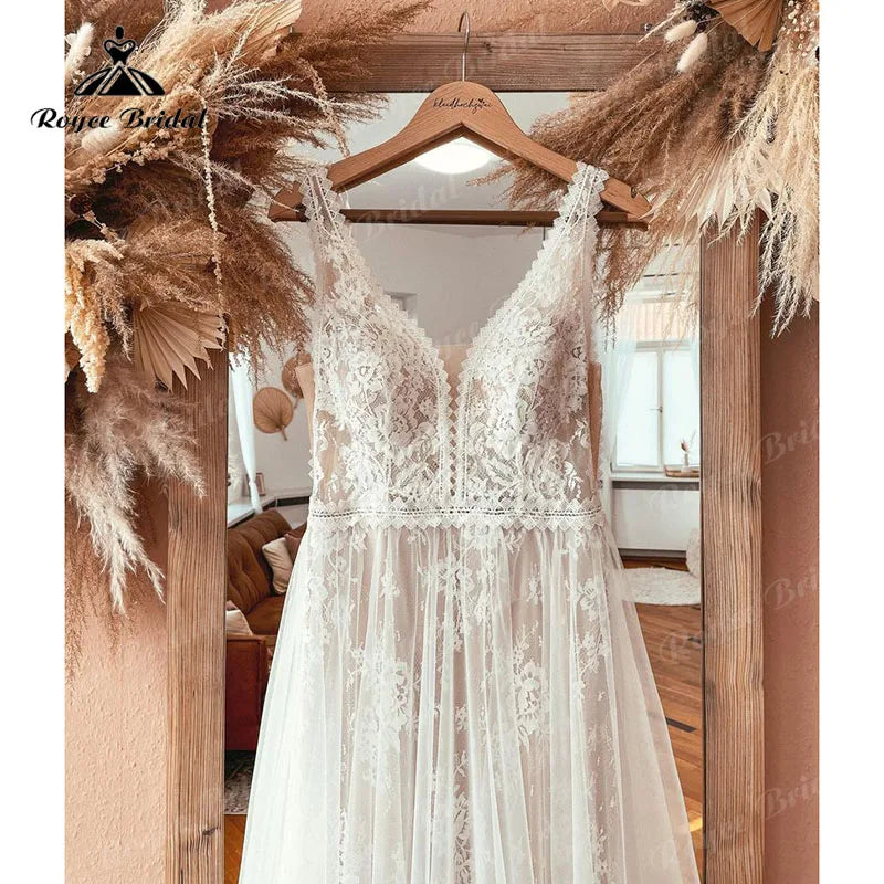 Boheme V Neck Lace Boho Wedding Dress Backless 2025 Robe Mariee Civil Wedding Gowns for Bridal Vestidos de Nova Beach Customized