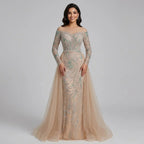Zapdress Nude Mermaid Long Sleeve Evening Dress with Overskirt Luxury Beaded Wedding Party Gown for Women Customized (ZD17389)
