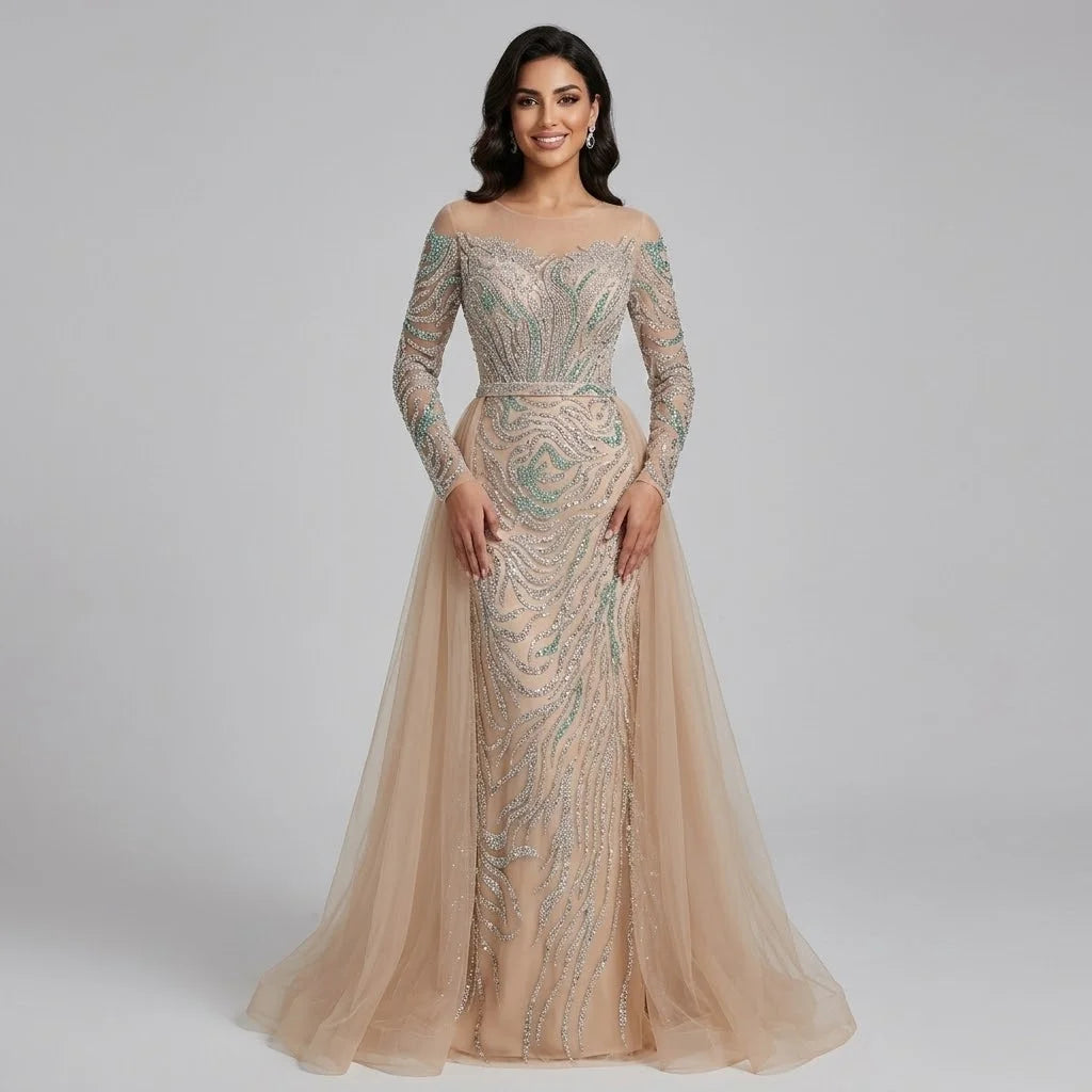 Zapdress Nude Mermaid Long Sleeve Evening Dress with Overskirt Luxury Beaded Wedding Party Gown for Women Customized (ZD17389)