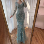 Serene Hill Pink V-neck Long Sleeves Mermaid Luxury Beaded Evening Dress 2026 Wedding Party Gowns DLA73191 Customized