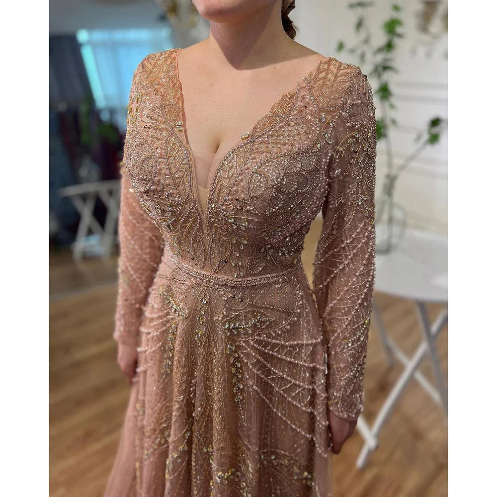 Zapdress Ccustomized Rose Gold Long Sleeves A-Line Beaded Evening Party Gowns Mother of the Bride Dress DLA70287L (ZD17336)