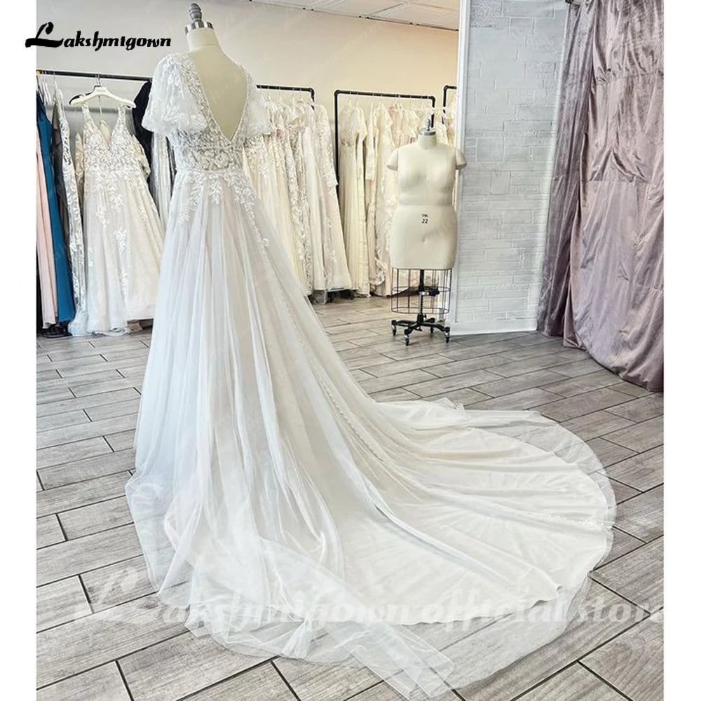 ZapDress Lace V-Neck Boho Wedding Dress with Sleeves Vestidos De Fiesta A Line Tulle Beach Wedding Gowns Customized Hochzeit