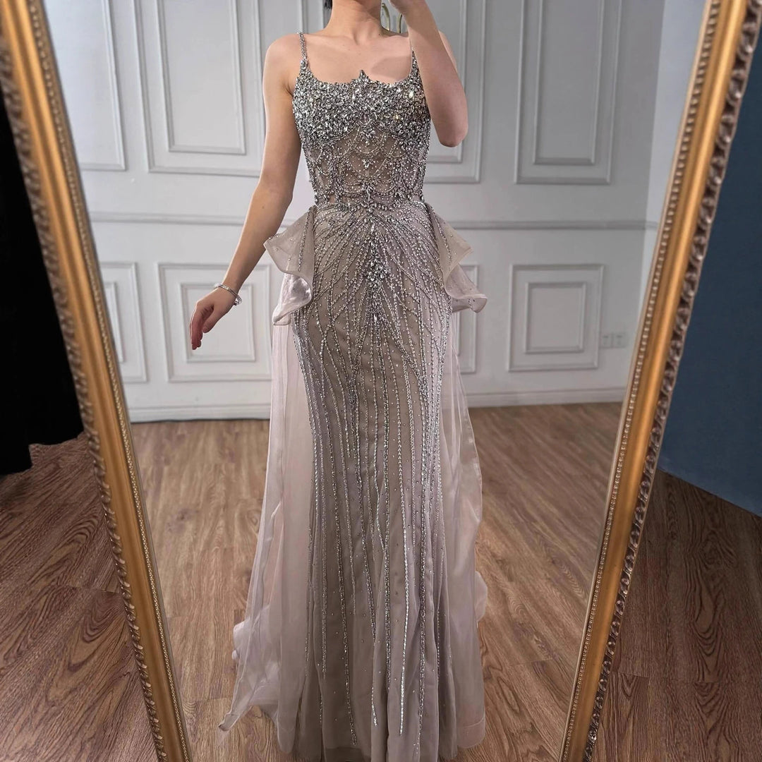 Serene Hill 2026 Luxury Caramel Crystal Beaded Spaghetti Strap Mermaid Evening Dress Gowns for Formal Party DLA72810A Customized