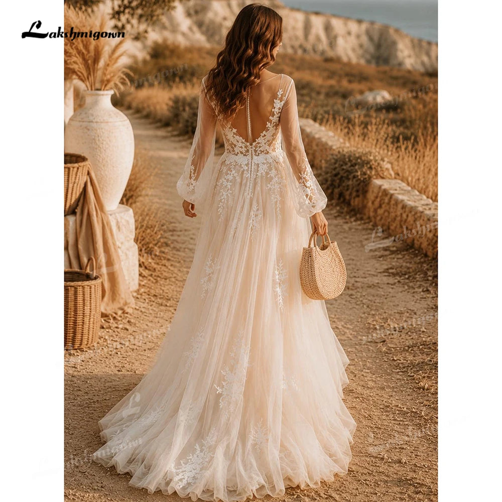 Romantic Puff Long Sleeve Boho Wedding Dress Low Open Back Tulle Bridal Gowns A Line Lace Applique Wedding Gowns Customized
