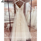 ZapDress V neck Tulle Boho Wedding Dresses Customized Lace Appliques A Line Bridal Gown Sukienka Open Back Wedding Gowns