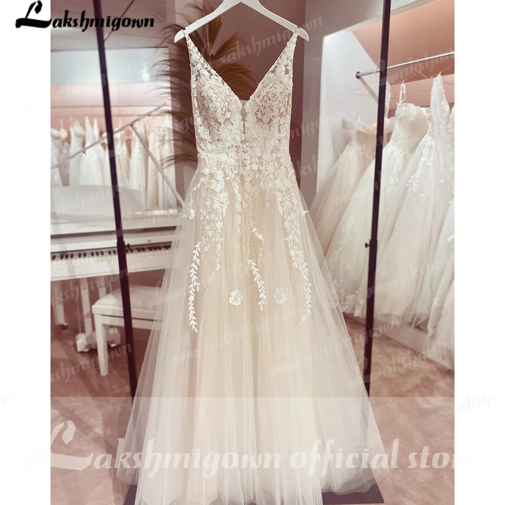 ZapDress V neck Tulle Boho Wedding Dresses Customized Lace Appliques A Line Bridal Gown Sukienka Open Back Wedding Gowns