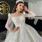 Customized Gorgeous Square Collar Princess Wedding Dress Sparkling Beads Palace Training Long Sleeve Bridal Ball Dress