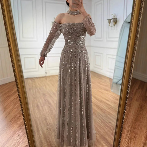 Luxury Caramel Off Shoulder Beaded Mermaid Evening Dress Long Sleeves LA73053