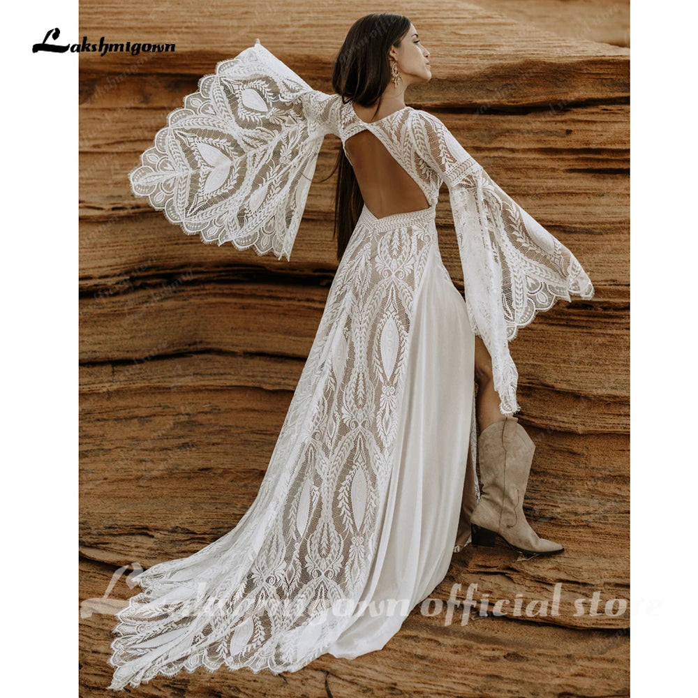 Lakshmigown Bohemian Wedding Dress Split V-Neck Customized Bell Sleeve Backless A-line Chiffon Lace Bridal Wedding Dress