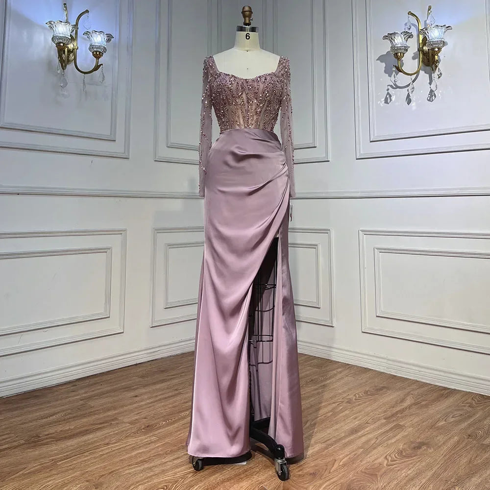 Zapdress Customized Pink Long Sleeves Mermaid Split Beaded Two Pieces Evening Dresses 2025 Party Gowns For Women (ZD17350)