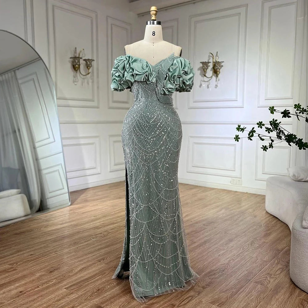 Serene Hill Customized Sage Green Off Shoulder Mermaid Evening Dresses 2024 Arabic Formal Gowns For Women Wedding Party DLA72281
