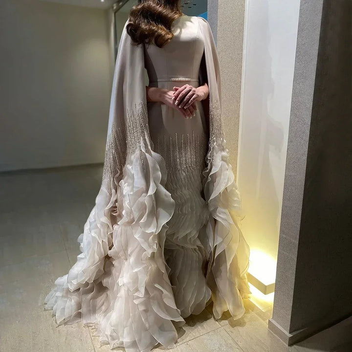 Serene Hill 2025 Champagne Mermaid Luxury Cape Sleeves Beaded Satin Saudi Evening Dresses Gowns for Party DLA72317A Customized