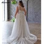 ZapDress Plus Size V-neck Wedding Dresses For Woman Bride Illusion Back A-line Tulle Appliques Bridal Gown Customized