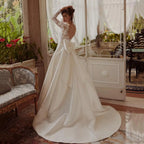 Elegant A-Line Sexy Wedding Dresses Long Sleeve Backless Bridal Dress Lace Bow Luxury Bride Gowns Vestido De Novia Customized