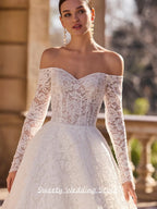 Customized Lace Wedding Dress Long Sleeves Sweetheart Beading See Through Sweep Train Woman Bridal Gown back Zipper