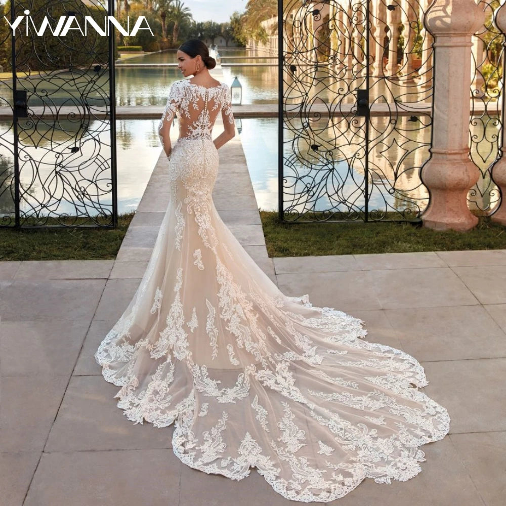 Glitter Sequins Appliques Bride Robe Modest Long Sleeve Wedding Dress Graceful Mermaid Bridal Gown Customized Robe De Mariée