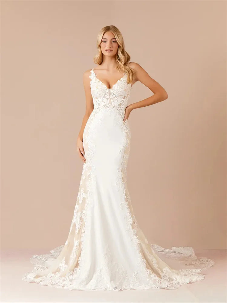 Customized Thin Straps Sweetheart Neckline Satin Mermaid Wedding Dress Sexy Zipper Back Floor Length Sweep Train Gown For Women