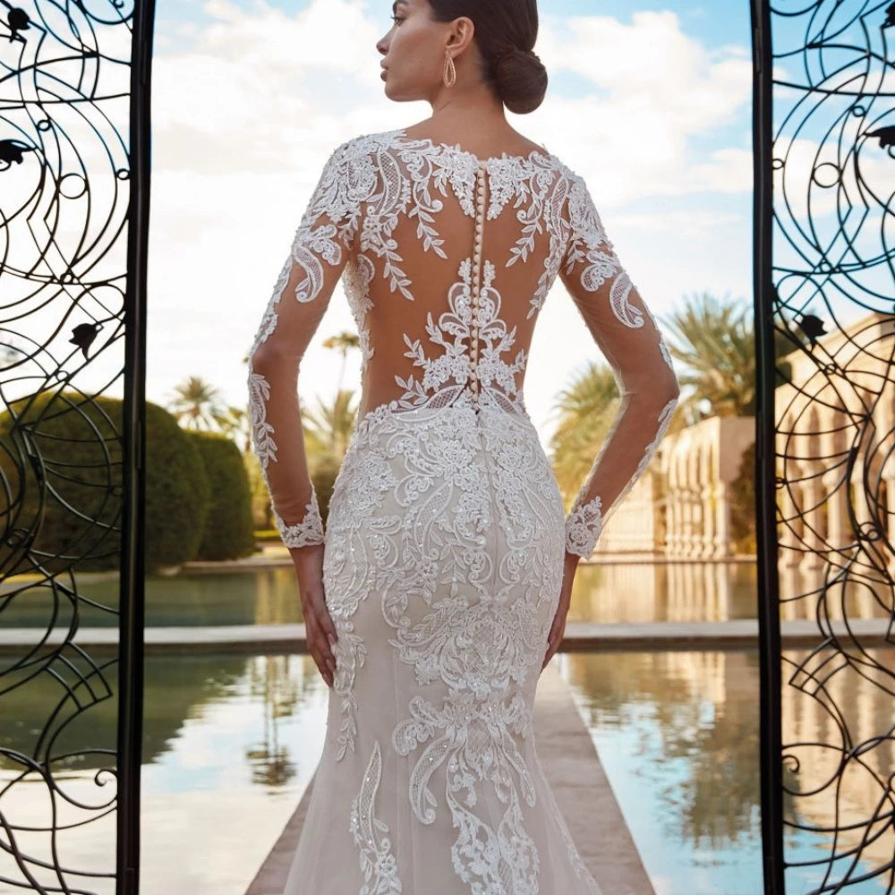 Glitter Sequins Appliques Bride Robe Modest Long Sleeve Wedding Dress Graceful Mermaid Bridal Gown Customized Robe De Mariée