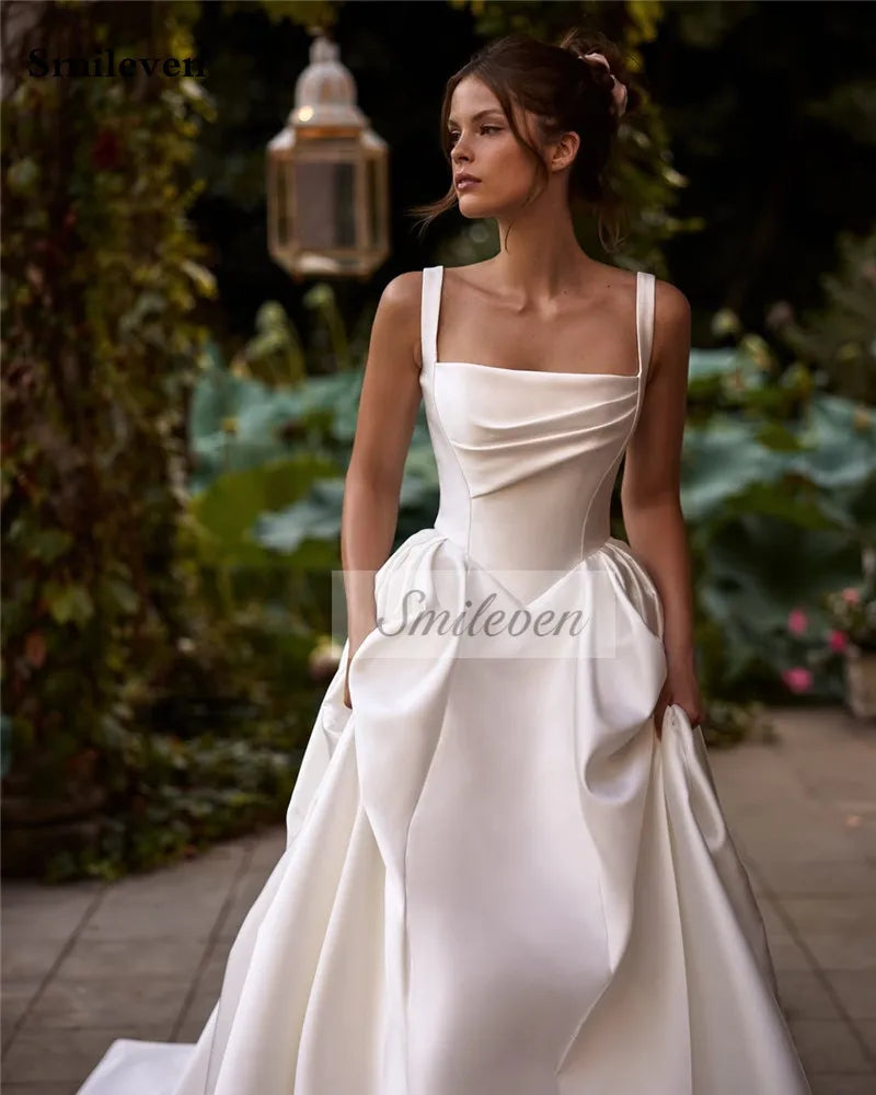 Smileven Spaghetti Strap Satin Wedding Dress A Line Bride Gown Boat Neck Princess Vestido De Novia Wedding Gowns Customized