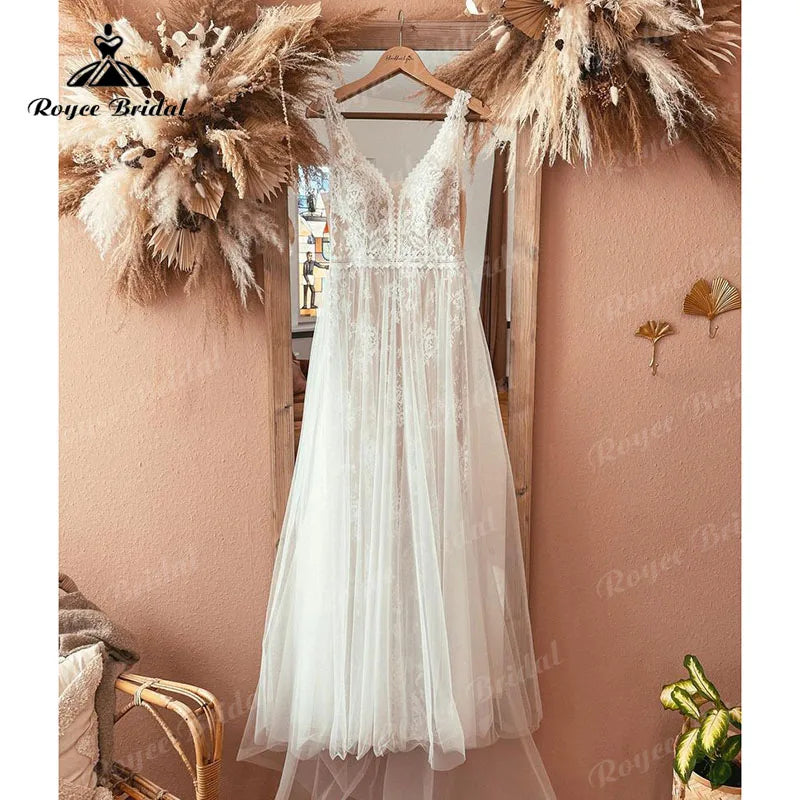 Boheme V Neck Lace Boho Wedding Dress Backless 2025 Robe Mariee Civil Wedding Gowns for Bridal Vestidos de Nova Beach Customized