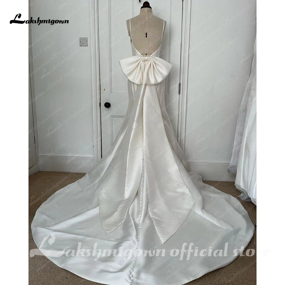 ZapDress Satin Mermaid Wedding Dress Spaghetti Straps Vestido Civil Princess Bridal Dress Backless with Bow