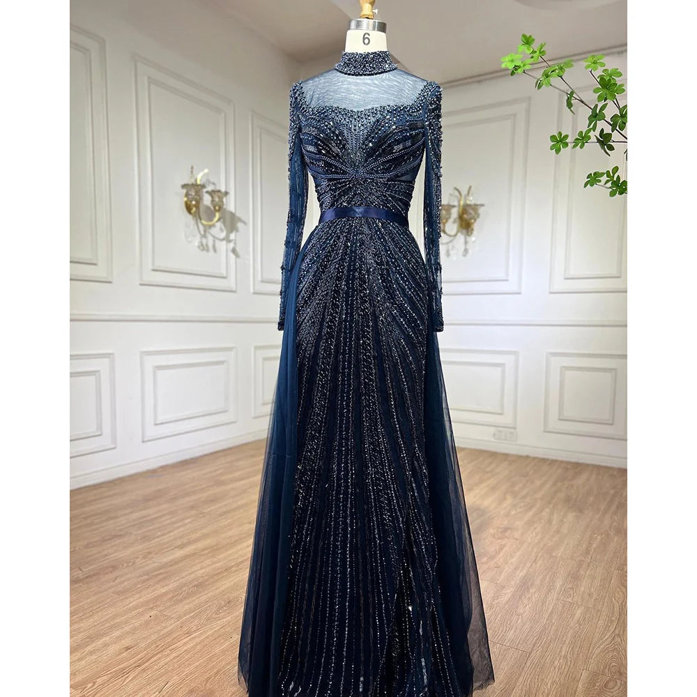 Zapdress Customized Nude Long Sleeves Beaded Mermaid Dubai Evening Dresses 2025 Muslim Party Gowns for Veiled Women (ZD17327)