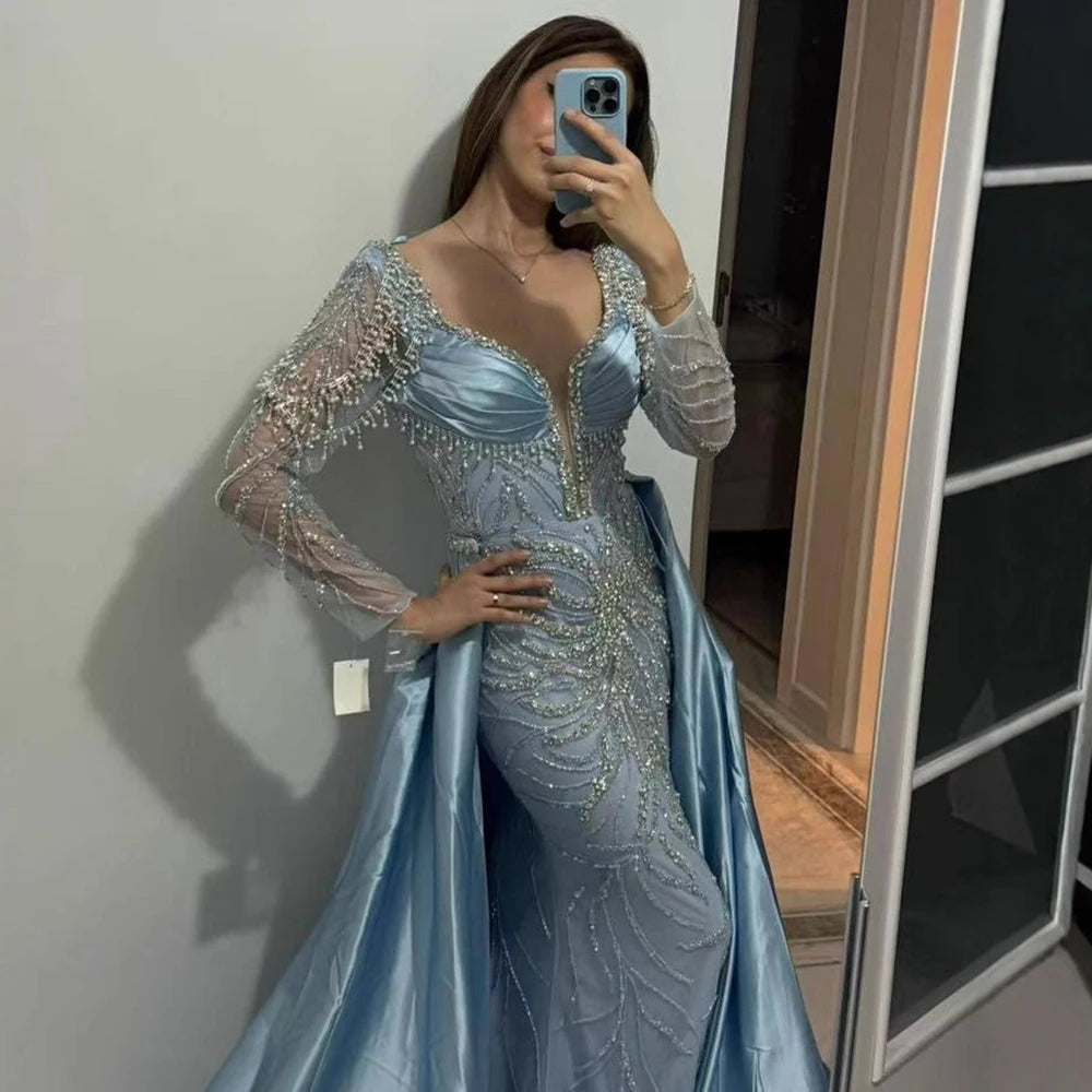 Zapdress Customized 2026 High-end Beaded Blue Long Sleeves Evening Dress with Overskirt Satin Party Gowns for Women (ZD17332)