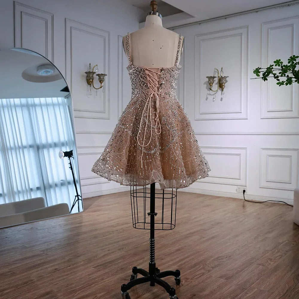 Zapdress Elegant Nude Short Evening Dress A-Line Mini Crystal Cocktail for Women 2025 DLA72983 Customized (ZD17368)