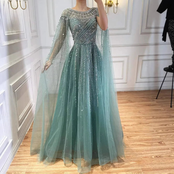 Serene Hill Pink A-line Evening Dress with Cape Sleeves Beaded Wedding Party Gowns for Women DLA72994 Customized